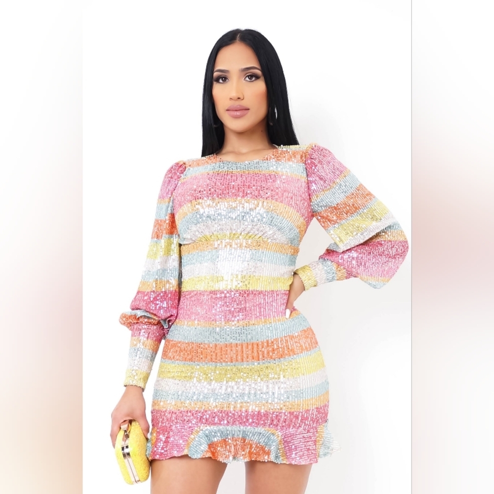 New Sparkling Multicolor Long Sleeve Mini Dress